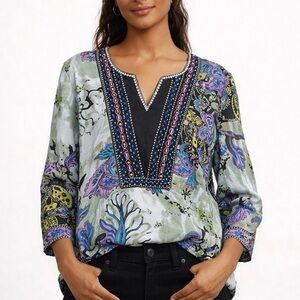 J. Peterman Embroidered Beaded Blouse Top Tunic Boho Festival Resort Size Medium